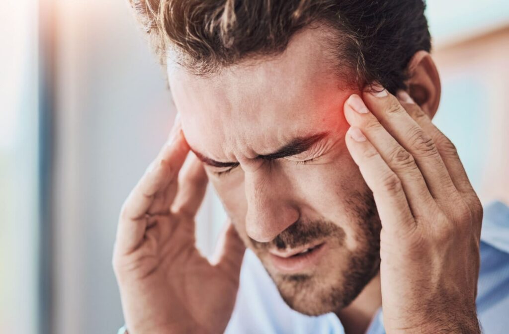 A man experiences severe migraine symptoms. He squeezes his eyes shut and massages his temples.