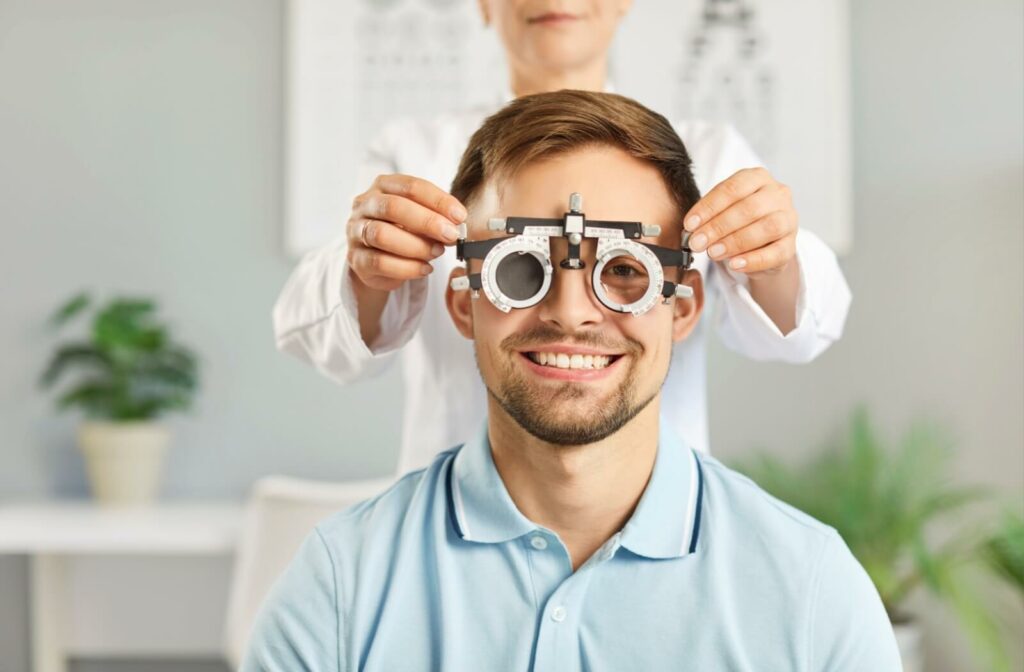 Patient receiving an eye exam from an optometrist to address symptoms of eye strain.